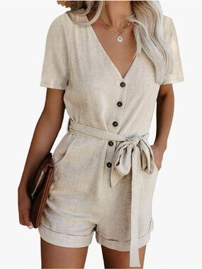Women's Cream Button-Down Linen Inspired Romper